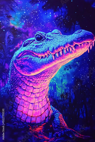 A neon-colored alligator glows under a starry night sky in a fantastical scene.