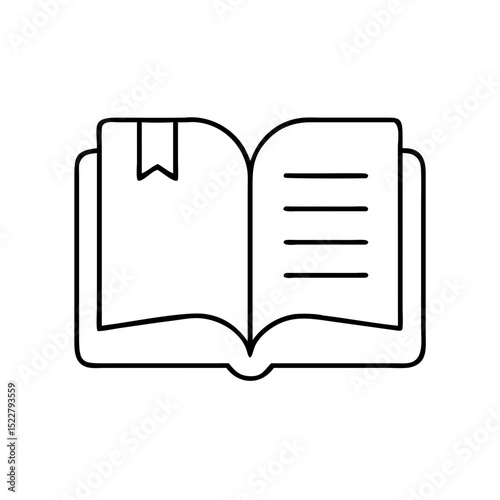 Open book with bookmark and blank pages in line art style  