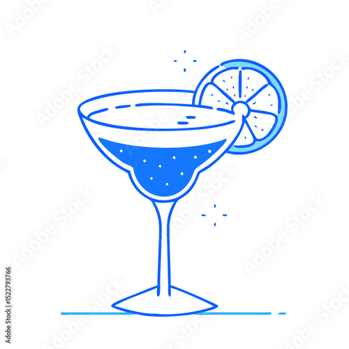 Icon of blue margarita cocktail glass with lemon slice garnish  