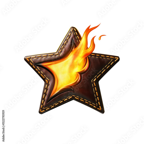 Fiery Starburst Embroidered Leather Star with Burning Flame Design