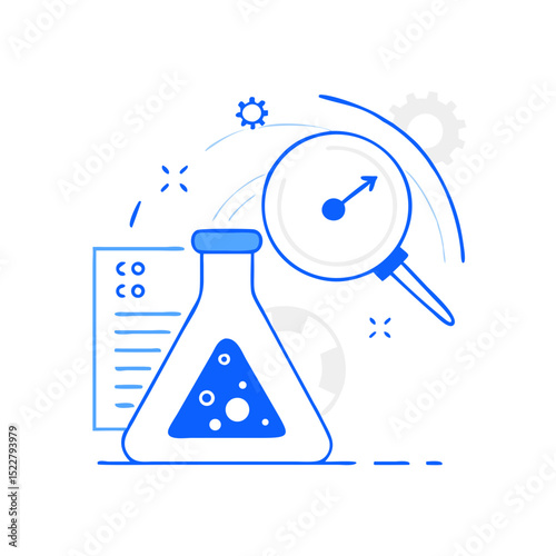 Laboratory flask with research document and magnifying glass design  