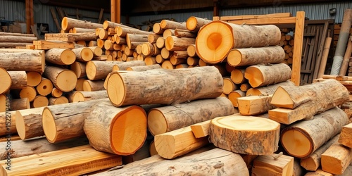 Raw timber logs being processed into wooden furniture components,  cutting,  timber photo