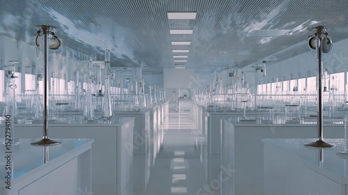 A spacious biochemistry lab features numerous pristine workstations filled with glassware and scientific equipment, designed for experiments and research activities during daylight Generative AI