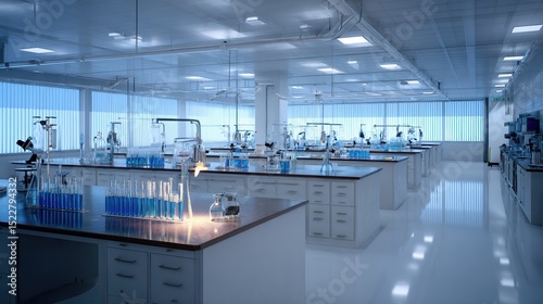 A spacious biochemistry lab features several clean workstations equipped with glassware and scientific instruments. Natural light floods the room, enhancing the sterile environment Generative AI