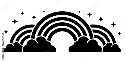 Black and white vector illustration of a soft arching rainbow over fluffy clouds in a calm and peaceful sky, drawn in minimal graphic art style.