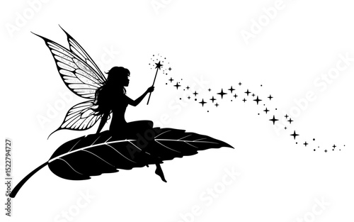 Black and white vector silhouette of a fairy standing on a mushroom and holding a wand, designed in an elegant fantasy style perfect for magical storytelling themes.

