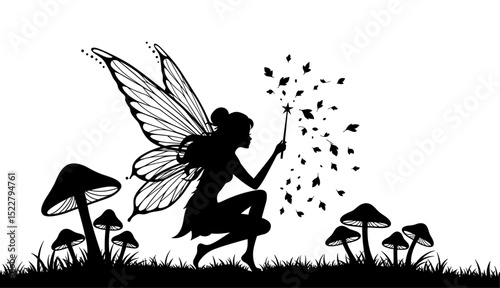 Artistic black and white silhouette of a fairy among mushrooms, designed in whimsical vector style, capturing charm and fantasy in a peaceful, magical forest setting.
