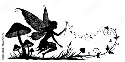 Elegant black and white silhouette of a fairy resting among mushrooms, crafted in detailed fantasy vector artwork with whimsical styling and magical forest atmosphere.
