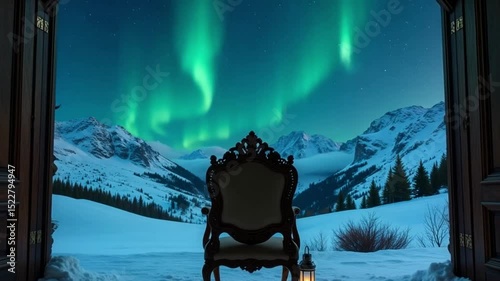 Majestic Aurora Borealis illuminates a breathtaking snowy mountain vista seen through open doors a regal chair awaits the tranquil scene