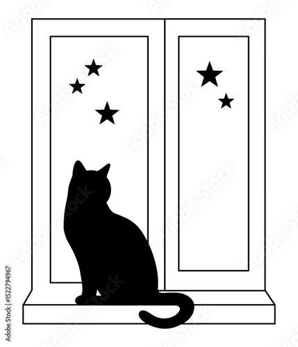 Vector silhouette of a black cat sitting on a windowsill and gazing out into a magical starry night sky filled with twinkling stars, creating a calm and dreamy scene.
