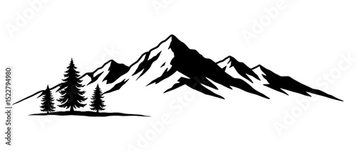 Vector silhouette of a mountain in the foreground with trees and distant mountains behind it, creating a peaceful and scenic natural landscape in black and white.
