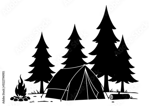 Silhouette vector of a camping tent and campfire set against a forested backdrop, capturing a serene and peaceful outdoor wilderness scene in black and white.
