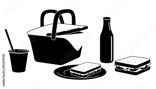 Black and white vector illustration of a traditional picnic basket, featuring a classic woven design and sturdy handle on a clean white background.
