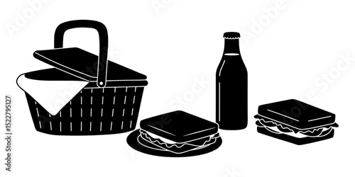 Black and white silhouette vector of a picnic basket with a bottle inside, illustrating a classic outdoor meal setting with a touch of vintage charm.
