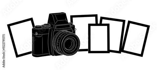 Camera silhouette with scattered photos on a white background, showcasing a creative photography theme in a black and white vector illustration.

