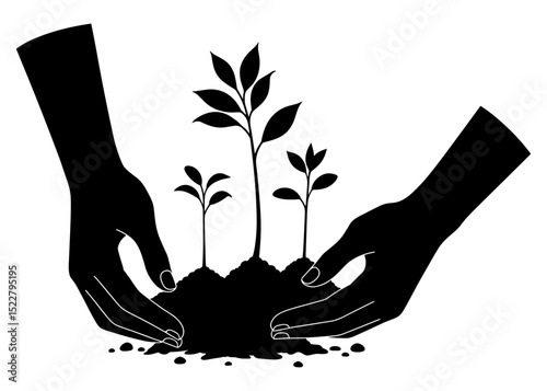Hands in silhouette gently planting a small green plant into the ground, symbolizing growth and nurturing nature in a black and white vector design.


