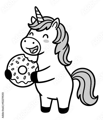 A silhouette vector of a unicorn playfully holding a donut in its mouth, combining fantasy and sweetness in a whimsical black and white illustration.

