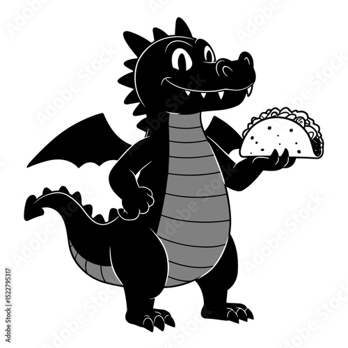 Cartoon dragon silhouette holding a taco, showcasing a playful and whimsical design. A fun fusion of mythical creature and tasty snack in vector art.

