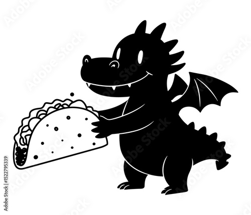 Dragon taco silhouette vector in black, showcasing a whimsical taco design with dragon-like features. A creative fusion of mythical creature and Mexican cuisine.

