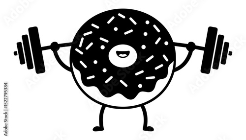 Cartoon donut lifting a barbell, depicted in a playful silhouette vector style. A delightful fusion of sweet treats and strength training in a whimsical illustration.

