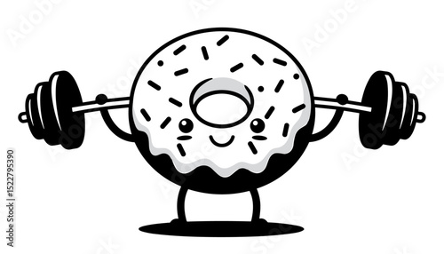 Cartoon donut lifting weights in a silhouette vector style, showcasing a fun and playful fitness theme. A humorous blend of dessert and gym culture in black and white.

