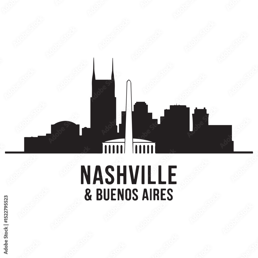 Fototapeta premium Vector Nashville skyline. Travel Buenos Aires famous landmarks. Business and tourism concept for presentation, banner, web site. Vector black silhouette. with white background