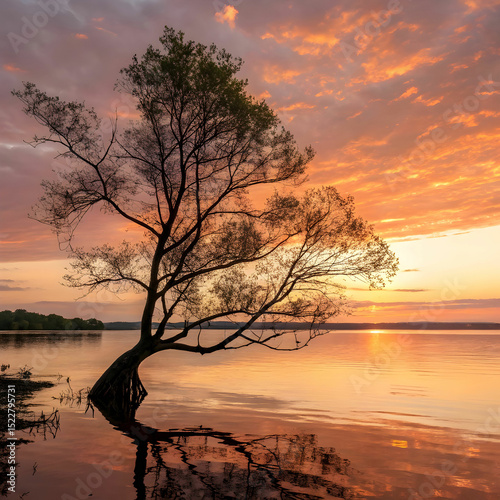tree in lake against sky during sunset