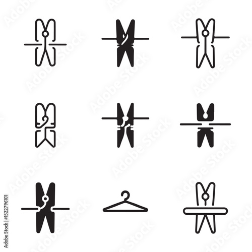 Clothes Peg Icon Set Collection. Set of Simple Black and White Clothes Pegs
