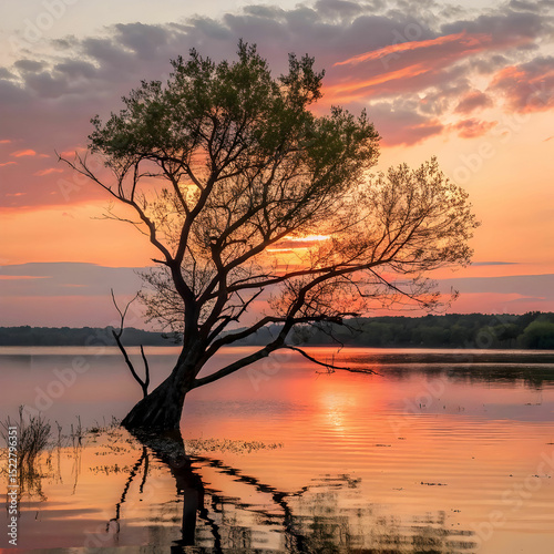 tree in lake against sky during sunset