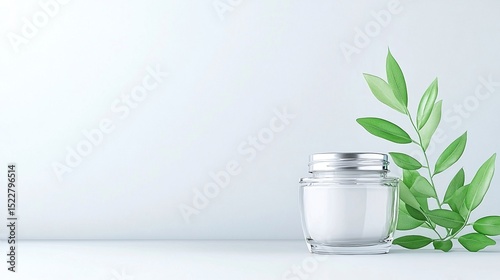 White Cosmetic Jar and Tube Mockup with Green Leaves