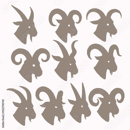 Wild Goat Head Set Silhouette on White Background