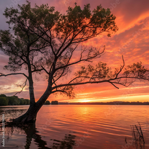 tree in lake against sky during sunset