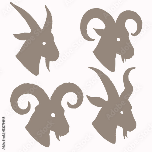 Wild Goat Head Set Silhouette on White Background