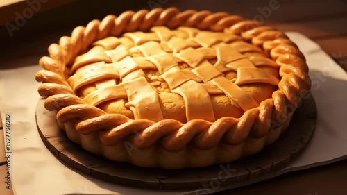 Freshly baked apple pie with lattice crust on a wooden surface  