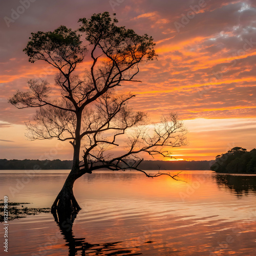 tree in lake against sky during sunset