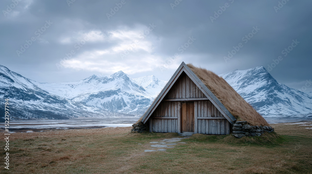 Fototapeta premium Traditional Viking longhouse made of timber and sod stands in serene, snowy mountain landscape under cloudy sky, evoking sense of history and solitude