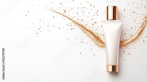 White Cosmetic Tube with Gold Cap and Glitter on White Background
