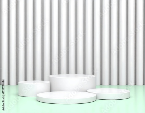 Minimalist white podiums on mint green floor