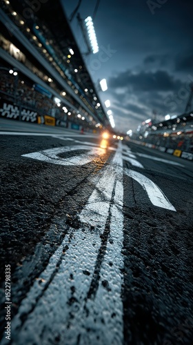 Racing at twilight on a vibrant speedway with stadium lights illuminating the asphalt