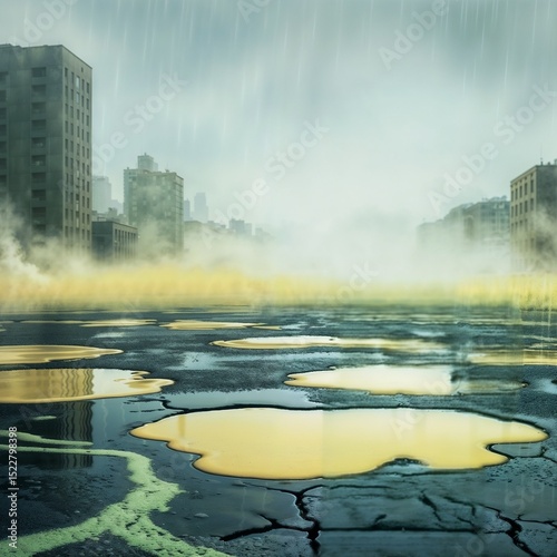 abandoned city with toxic green yellow fog and acid damage for use in environmental, dystopian, or ecological crisis themed projects