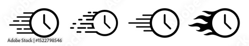 Set of fast clock icons in different motion styles like flame, glitch, and streaks. Useful for urgency, time management, express delivery, and deadline concepts.