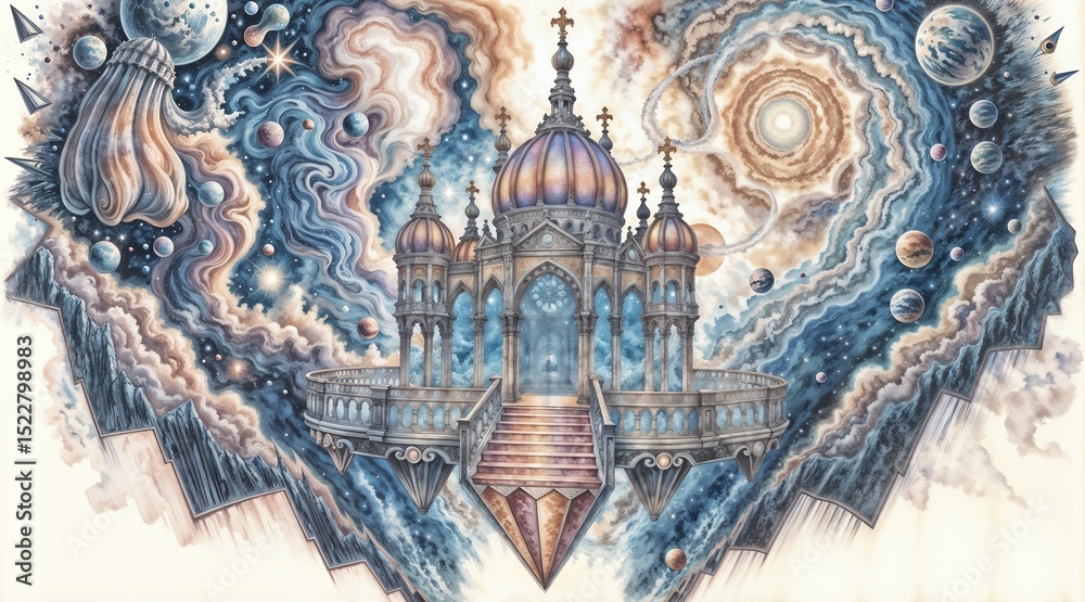 Fototapeta premium floating celestial palace with domes and spires among stars and planets for use in fantasy, cosmic, or dreamlike projects