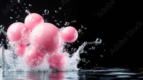 A captivating scene of splendid pink bubbles splashing in a black water background, creating an abstract artwork that evokes feelings of joy and playfulness.