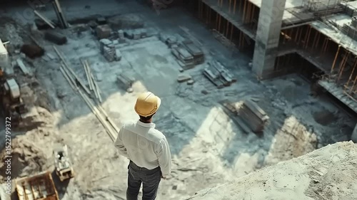 Construction site overseer surveying the progress of a building project amidst a busy urban landscape