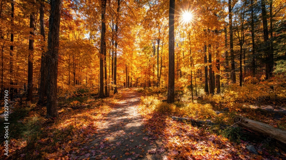 Obraz premium Sunlit path through a forest ablaze with autumn colors