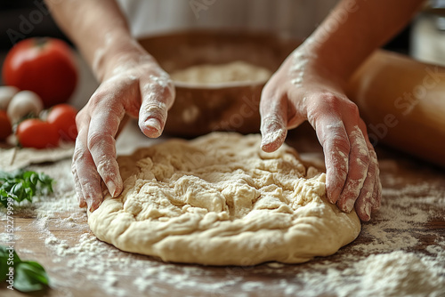 Dough. Baker's hands kneading dough 