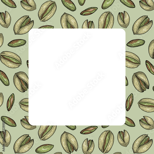 Colorful pistachio nut frame with hand drawn vintage style on green background and blank white square center photo
