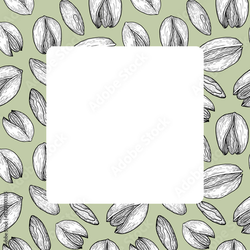 Vintage pistachio nut frame with hand drawn black and white sketch on green background and blank white center photo