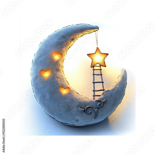 Crescent Moon with Star, Ladder, and Hearts Dreamy Night Sky Illumination