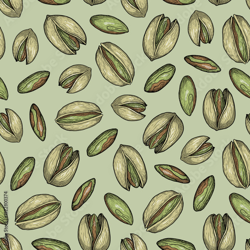 Colorful seamless pistachio pattern with hand drawn nuts on green background, vintage food design for textiles
